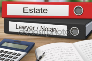 estate and lawyer/notary binders isolated on the wooden table. 3D illustration.
